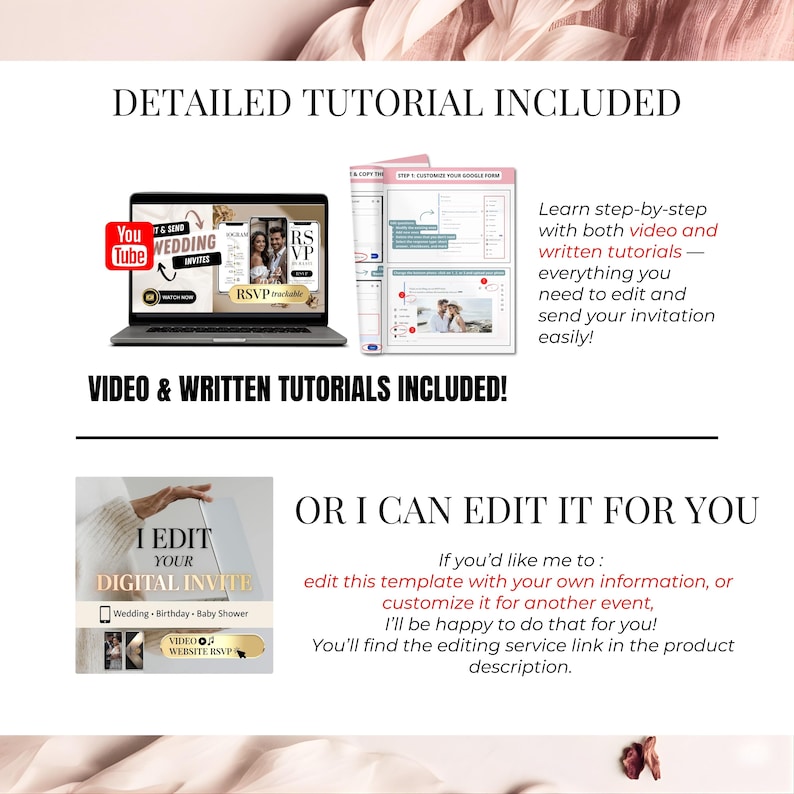 Detailed tutorial included for editing digital wedding invitation, video + written guide, learn step-by-step how to customize RSVP, music, colors and countdown, Canva editable website for wedding guests, easy setup for beginners.