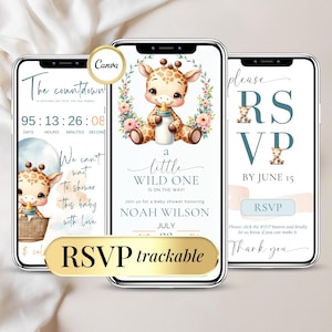 Modello di invito per baby shower con palloncini giraffa per bambino e bambina - Invito per baby shower per bambino e bambina - Modello di invito digitale Canva con RSVP