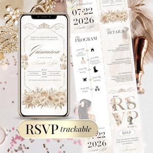 Invitación Quinceañera Digital Fiesta de 15 Años Editable Plantilla RSVP Clickeable Registro en Línea Descarga Instantánea Personalizable