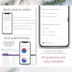 May include: A digital RSVP form displayed on two smartphones. The form includes options for guests to respond and select menu choices. Text on the image includes "RSVP Google Form" and "Track Responses". The form is designed to be paperless and eco-friendly.