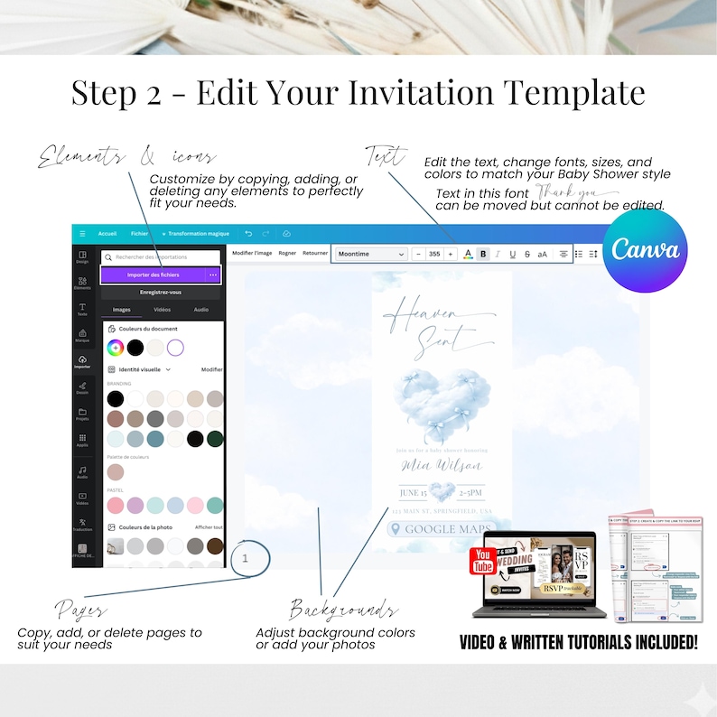Step-by-step Canva editing screen for baby shower digital invitation. Heaven Sent blue baby shower invite for boy, fully customizable Canva template.