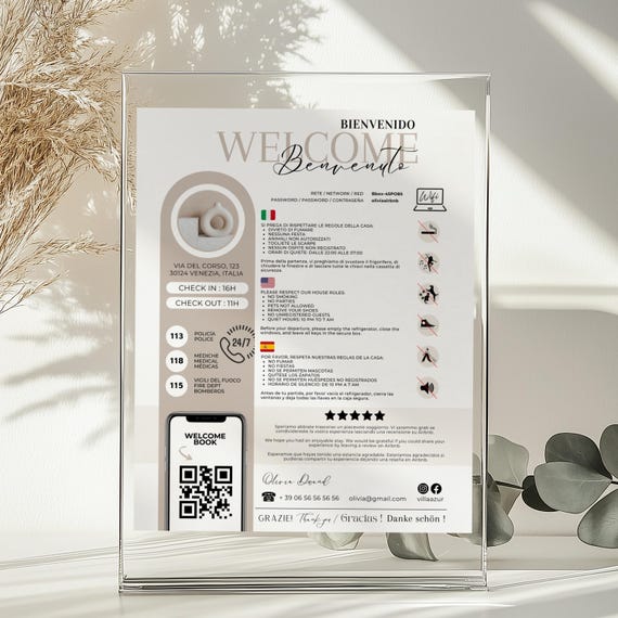 Affiche de Bienvenue Airbnb Trilingue – Modèle Canva à Personnaliser – Welcome Sign English Spanish Italian – WiFi & Règles Maison A4/US
