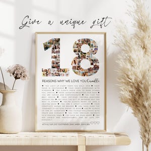 Fotocollage zum 18. Geburtstag – Anpassbares Vorlagengeschenk „18 Gründe, warum wir dich lieben“ – Poster zum 18. Geburtstag, Geschenk für 18-jährige Frau, Leinwand
