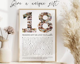 18 Reasons Why We Love You - Personalized 18th Birthday Gift - Editable Poster Template 18th Birthday Card Photo Collage Sign for Her Canva