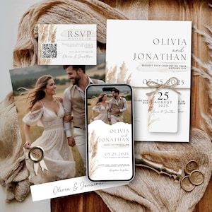 Peut inclure: Ensemble de papeterie de mariage comprenant une photo d'un couple, une carte RSVP, une invitation et une maquette de téléphone. L'invitation indique "Olivia et Jonathan" et la date "05.25.2025". Le design intègre des herbes de la pampa et une esthétique rustique.