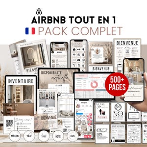 May include: A collection of digital resources for Airbnb hosts, including templates, guides, and checklists. The resources are organised into categories such as "Inventory", "Availability", "Guest Guide", "Host", "Reviews", and "Karma". The text "Airbnb Tout En 1 Pack Complet" is visible at the top of the image.