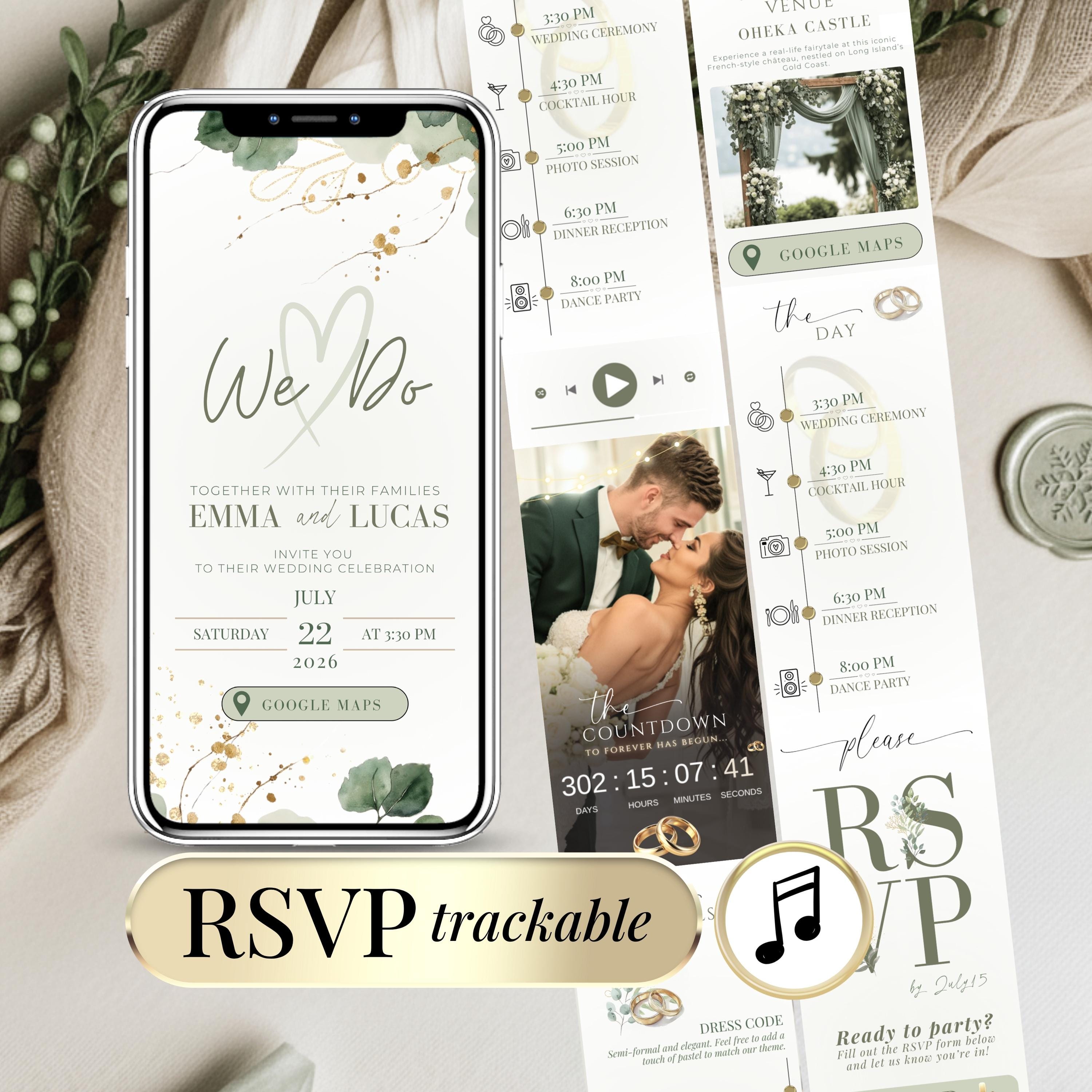 Sage Green Digital Wedding Invitation With RSVP Link & Music | Animated ...