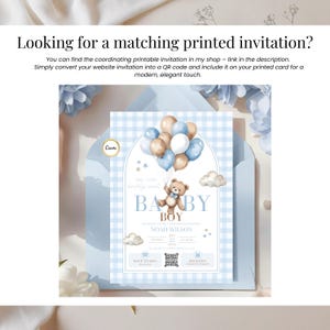 Matching printable baby shower invitation for boy with blue teddy bear and balloon design, editable Canva template featuring “We Can Bearly Wait” theme, modern baby shower boy printed invitation with QR code linking to digital RSVP or website, elegant blue gingham background, teddy bear illustration, printable and digital baby shower invitation concept.