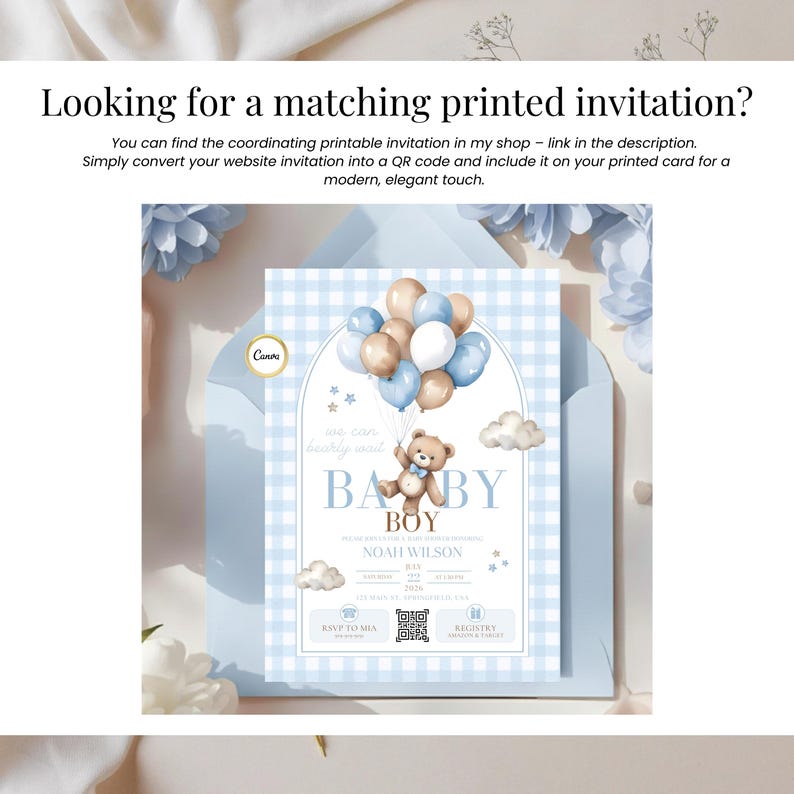 Matching printable baby shower invitation for boy with blue teddy bear and balloon design, editable Canva template featuring “We Can Bearly Wait” theme, modern baby shower boy printed invitation with QR code linking to digital RSVP or website, elegant blue gingham background, teddy bear illustration, printable and digital baby shower invitation concept.