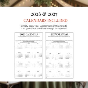 Wedding calendar save the date template 2026 2027, Canva wedding invitation with calendar, digital save the date wedding website, highlight wedding date, green wedding invitation template, modern RSVP wedding invite Canva