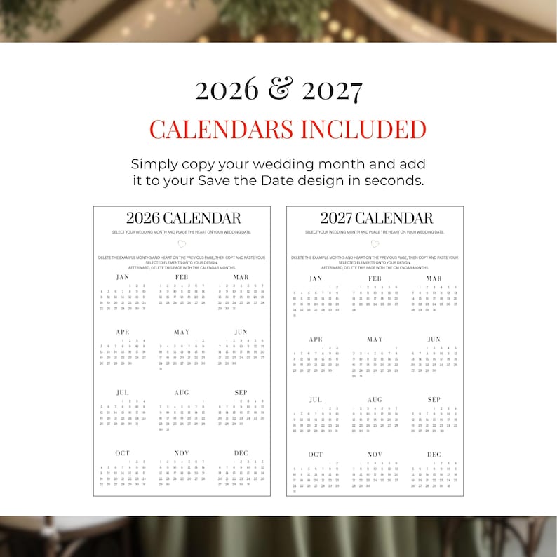 Wedding calendar save the date template 2026 2027, Canva wedding invitation with calendar, digital save the date wedding website, highlight wedding date, green wedding invitation template, modern RSVP wedding invite Canva