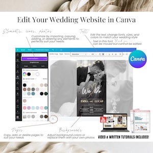 Edit your wedding website in Canva – screenshot showing customizable digital wedding invitation template with editable text, fonts, elements, icons, backgrounds and pages – easy drag-and-drop layout, fully editable design, includes video and written tutorials for beginners – Templates4Branding
