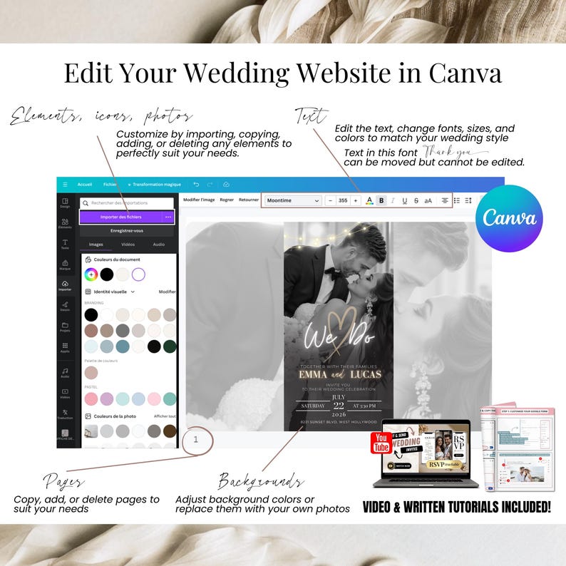 Edit your wedding website in Canva – screenshot showing customizable digital wedding invitation template with editable text, fonts, elements, icons, backgrounds and pages – easy drag-and-drop layout, fully editable design, includes video and written tutorials for beginners – Templates4Branding
