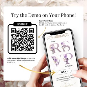 Scan the QR Code to test this Digital Lilac Quinceañera Invitation - Editable Mis Quince Años Invite with RSVP
