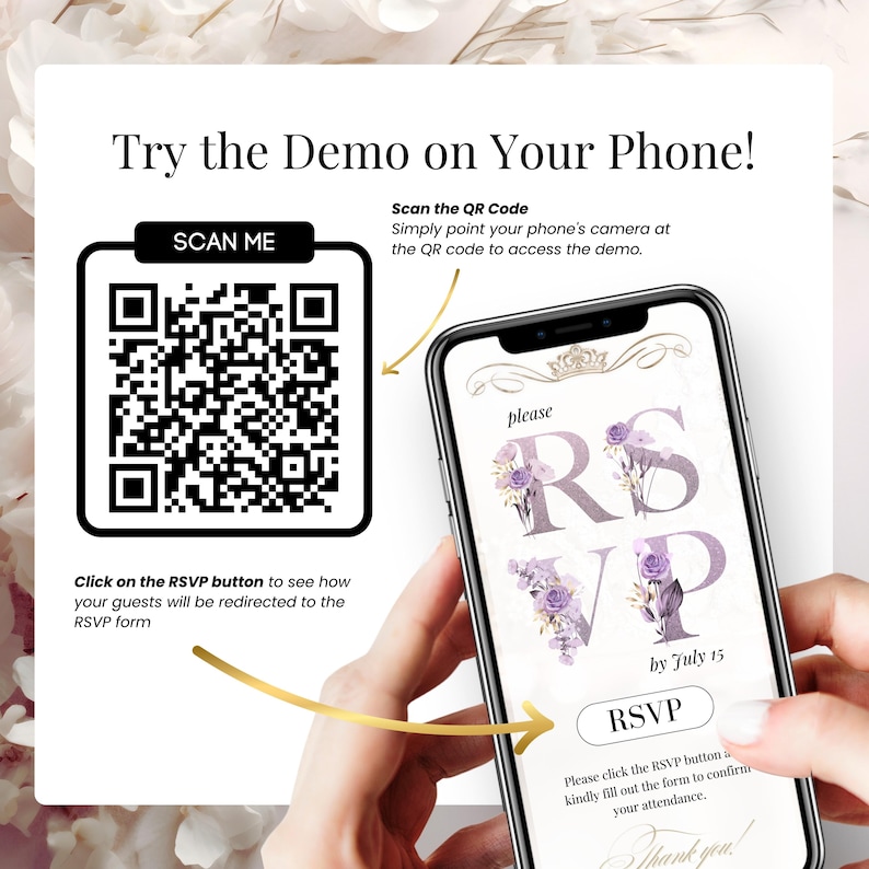 Scan the QR Code to test this Digital Lilac Quinceañera Invitation - Editable Mis Quince Años Invite with RSVP