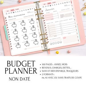 Planificateur budgétaire français non daté avec suivi financier mensuel et annuel. Parfait pour organiser vos dépenses, fixer des objectifs financiers, et gérer vos finances de manière pratique. Compatible avec une utilisation imprimée ou numérique.