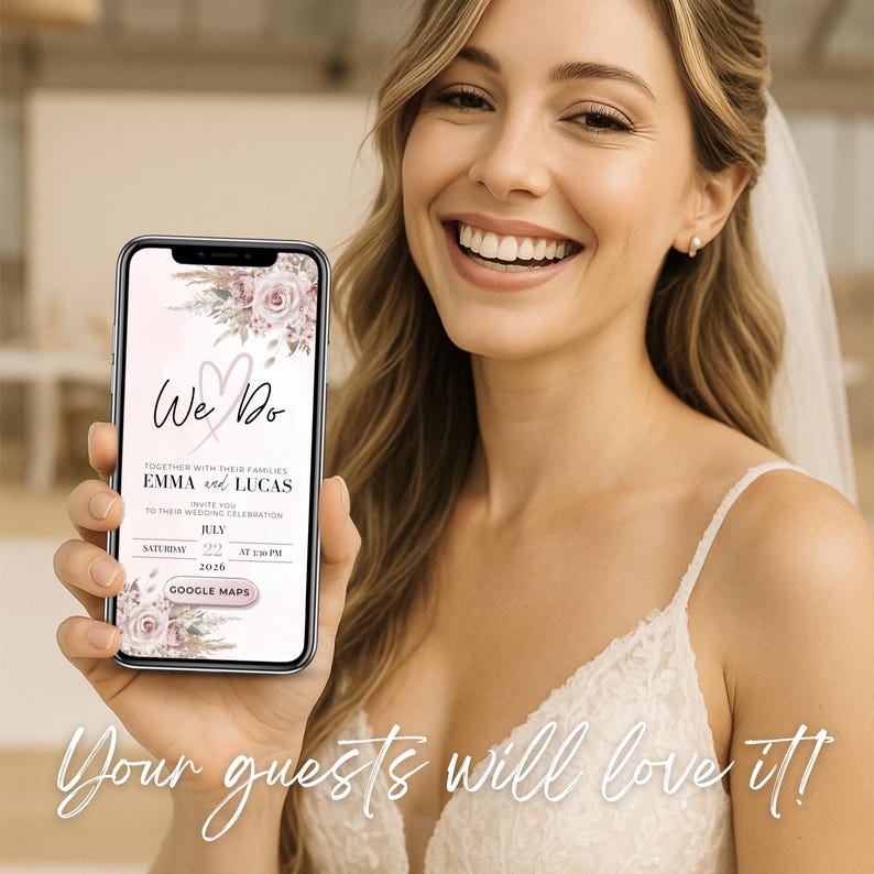 Bride holding smartphone with blush pink digital wedding invitation on screen – your guests will love this elegant online RSVP wedding website template.