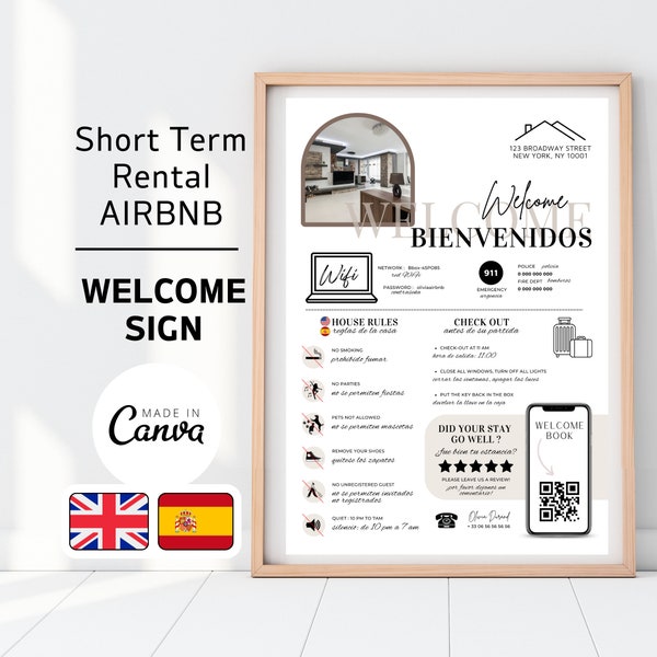 Airbnb Welcome Sign Bilingual English Spanish  - Custom Canva Template