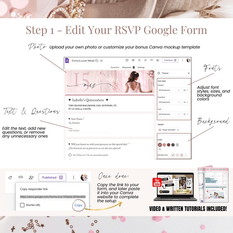 Elegant Pink Digital Quinceañera Invitation with RSVP Online | Sweet 15 & Sweet 16 Bilingual Spanish English Editable Canva Website 画像 15