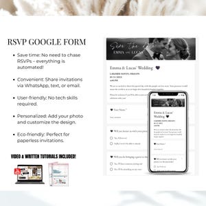 RSVP Google Form for weddings – easy to personalize and share via WhatsApp, email, or text. Save time with automated responses, no tech skills needed. Includes photo customization, eco-friendly paperless solution, and tutorials to guide you step by step.