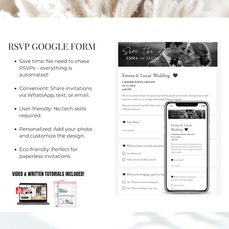 RSVP Google Form for weddings – easy to personalize and share via WhatsApp, email, or text. Save time with automated responses, no tech skills needed. Includes photo customization, eco-friendly paperless solution, and tutorials to guide you step by step.