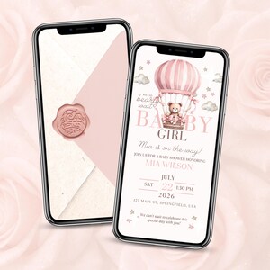 Digital baby shower invitation for girl with pink hot air balloon and teddy bear design, editable Canva template, paperless mobile format, modern coquette style, We Can Bearly Wait theme, elegant envelope and event details displayed on phone screen