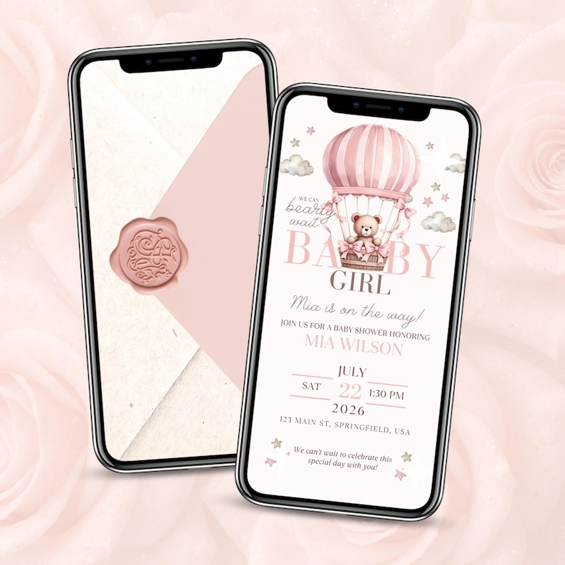 Digital baby shower invitation for girl with pink hot air balloon and teddy bear design, editable Canva template, paperless mobile format, modern coquette style, We Can Bearly Wait theme, elegant envelope and event details displayed on phone screen