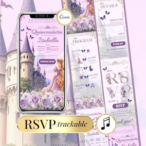 Quinceañera Invitation Rapunzel Tangled Sweet 16 Digital Invite, Editable Princess Sweet 15 Birthday Invite Template Clickable RSVP Online