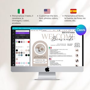 May include: A computer screen displaying a welcome sign for a hotel or Airbnb. The sign is in Italian, English, and Spanish. It includes the address, check-in and check-out times, and house rules. The sign is on a beige background with a white and gray abstract sculpture.