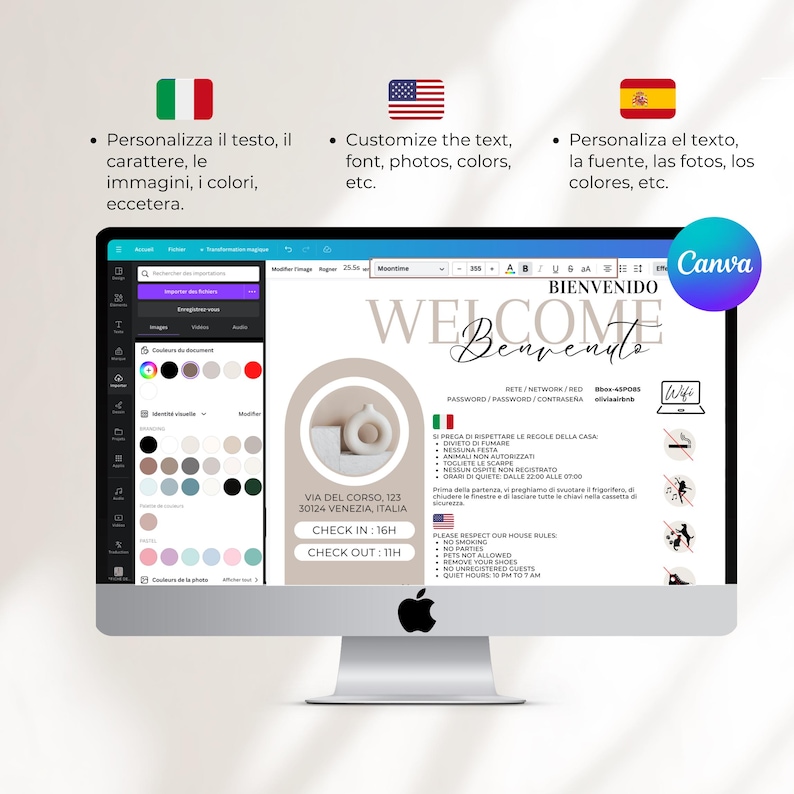 May include: A computer screen displaying a welcome sign for a hotel or Airbnb. The sign is in Italian, English, and Spanish. It includes the address, check-in and check-out times, and house rules. The sign is on a beige background with a white and gray abstract sculpture.