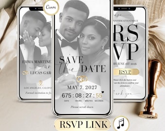 Save the Date Digital Wedding Invitation with RSVP Link – Editable Canva Template with Music & Countdown