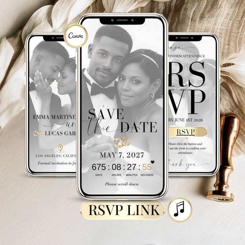 Save the Date Digital Wedding Invitation with RSVP Link – Editable Canva Template with Music & Countdown Bild 1