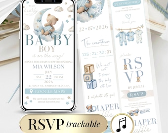 Blue Teddy Bear Baby Shower Invitation Template - Boy Baby Shower Invite - Editable Canva Digital Invitation RSVP We Can Bearly Wait Website