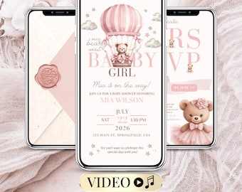 女の子のためのベビーシャワーのデジタル招待状ビデオ「We Can Bearly Wait」編集可能なアニメーションテンプレート（音楽付き）、ピンクのコケットテディベアテーマ