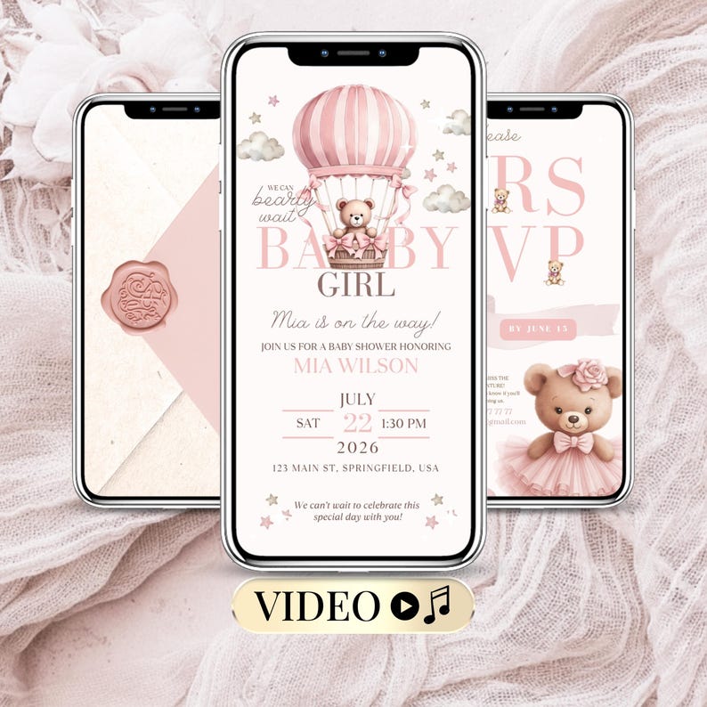 Pink baby shower video invitation for girl with teddy bear and hot air balloon theme, editable Canva template with RSVP, animated mobile format, digital invite with music, coquette aesthetic for virtual baby shower, baby girl announcement, We Can Bearly Wait design