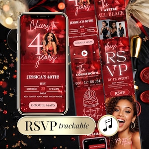 May include: A digital invitation for Jessica's 40th birthday, featuring a red and gold color scheme. The design includes event details, a countdown timer, and an RSVP option. The invitation is displayed on a smartphone screen.