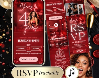 40th Birthday Invitation Digital – Any Age Editable Canva – RSVP Tracking, Countdown, Google Maps, Music | Red Glam Party Invite