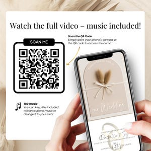 Scan QR code to preview animated wedding video invitation template editable in Canva. Romantic beige design with soft piano music included. Mobile-friendly format to share via text, WhatsApp, or email. Try the demo and customize your digital wedding invite easily on your phone. Perfect for modern, eco-conscious couples.