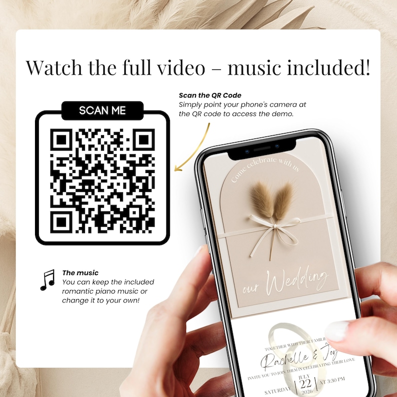 Scan QR code to preview animated wedding video invitation template editable in Canva. Romantic beige design with soft piano music included. Mobile-friendly format to share via text, WhatsApp, or email. Try the demo and customize your digital wedding invite easily on your phone. Perfect for modern, eco-conscious couples.