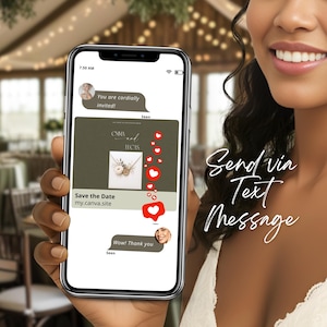 Mobile wedding invitation sent by text message, Canva wedding website template, green save the date RSVP, digital invite link sharing, modern wedding invitation mobile experience, editable Canva design, paperless wedding invite