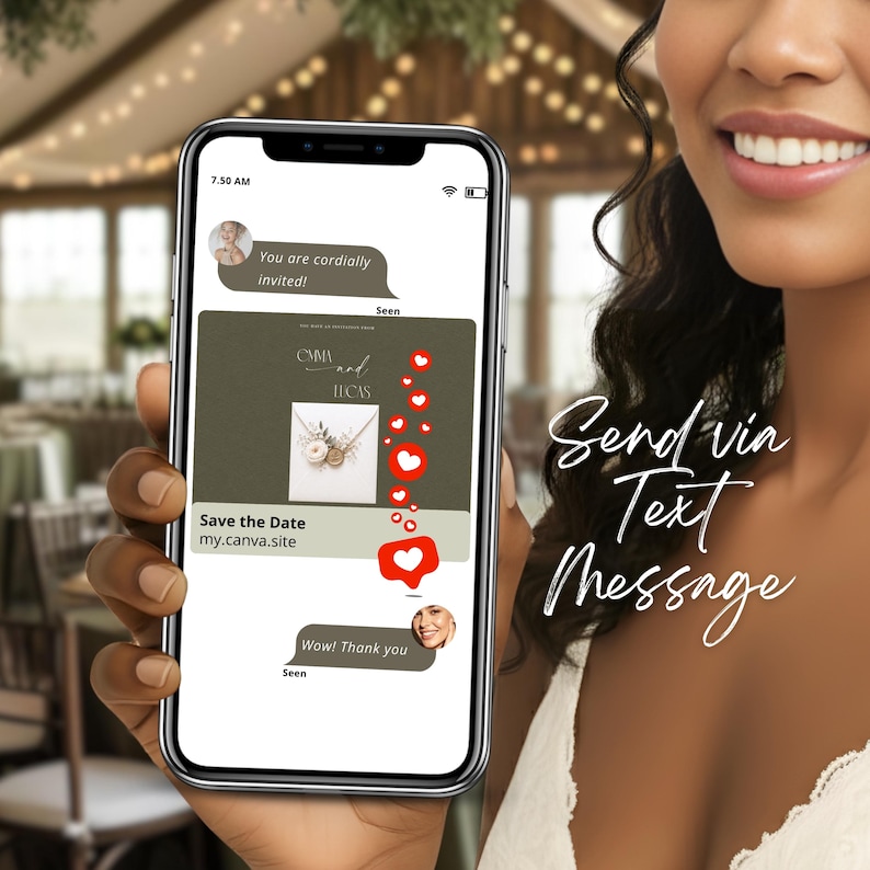 Mobile wedding invitation sent by text message, Canva wedding website template, green save the date RSVP, digital invite link sharing, modern wedding invitation mobile experience, editable Canva design, paperless wedding invite