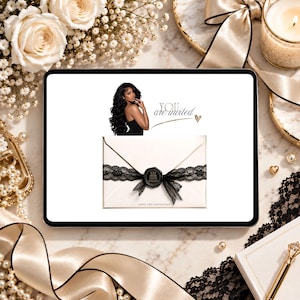 Black and white lace birthday invitation with RSVP, clickable envelope, champagne gold accents and music. Glam digital birthday website template for 30th, 40th, 50th or any age birthday party, editable in Canva.