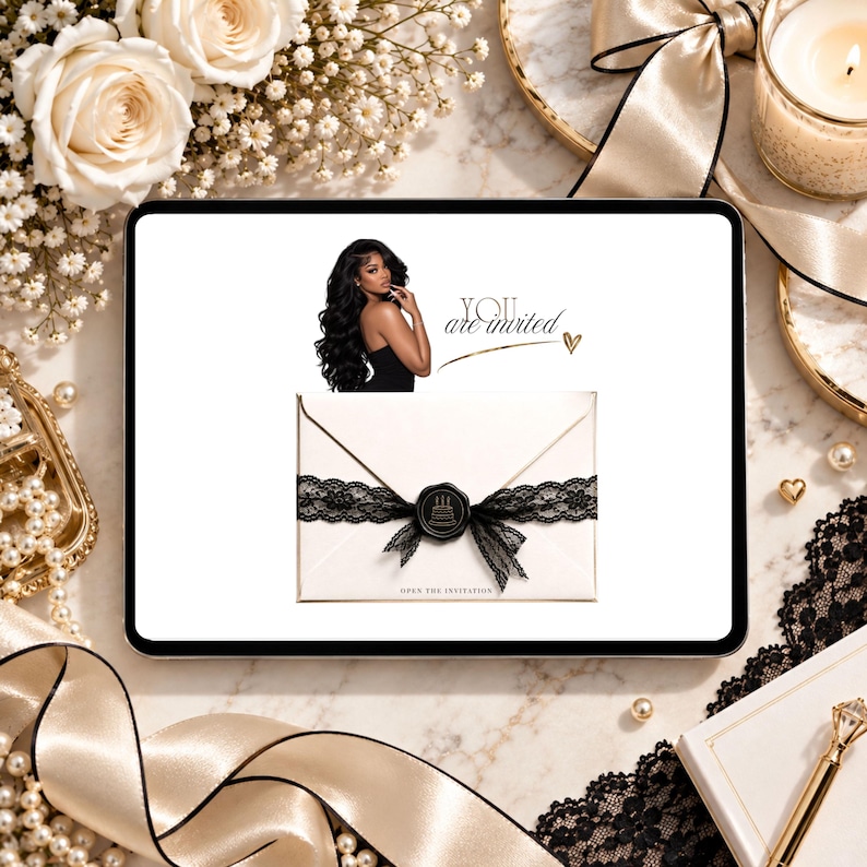 Black and white lace birthday invitation with RSVP, clickable envelope, champagne gold accents and music. Glam digital birthday website template for 30th, 40th, 50th or any age birthday party, editable in Canva.
