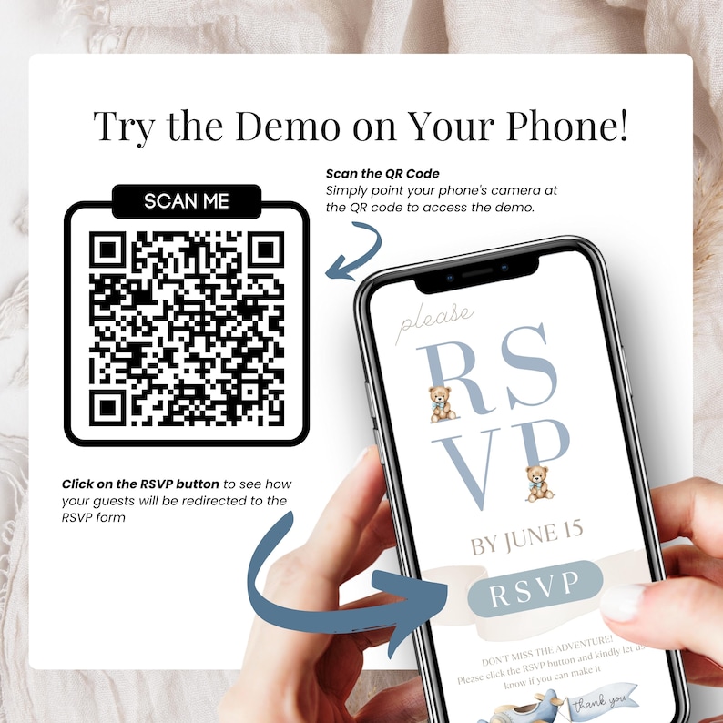 Baby Shower RSVP Demo – Scan QR Code to preview RSVP form on your phone – Editable digital baby boy invitation with blue teddy bear theme – Try the clickable RSVP button and see how your guests will respond online – Perfect for text, email, or WhatsApp – No app or Google account required – Interactive RSVP for baby shower event planning.
