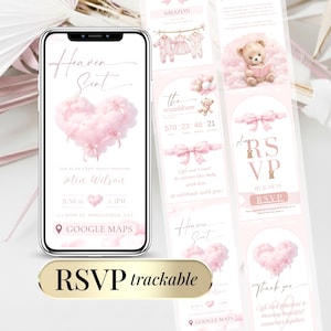 Baby shower digital invitation pink heaven sent cloud teddy baby girl, editable Canva invitation with online RSVP tracker, modern elegant pastel design for baby shower invite sent by text or email