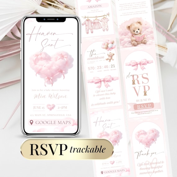 Baby Shower Digital Invitation Pink Heaven Sent – Cloud Teddy Girl Baby Shower Invite – Editable Canva + RSVP Tracker