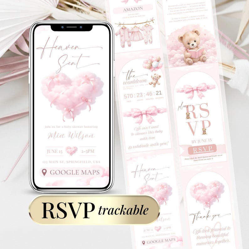Baby shower digital invitation pink heaven sent cloud teddy baby girl, editable Canva invitation with online RSVP tracker, modern elegant pastel design for baby shower invite sent by text or email