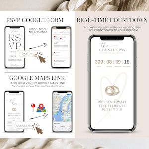 Digital wedding invitation features RSVP Google Form, real-time countdown, and Google Maps link. Mobile-friendly Canva template lets guests RSVP online, view live wedding countdown, and access venue directions with one click. Includes minimalist "Nothing Fancy Just Love" design and RSVP automation. Perfect for modern, paperless weddings and virtual wedding planning.