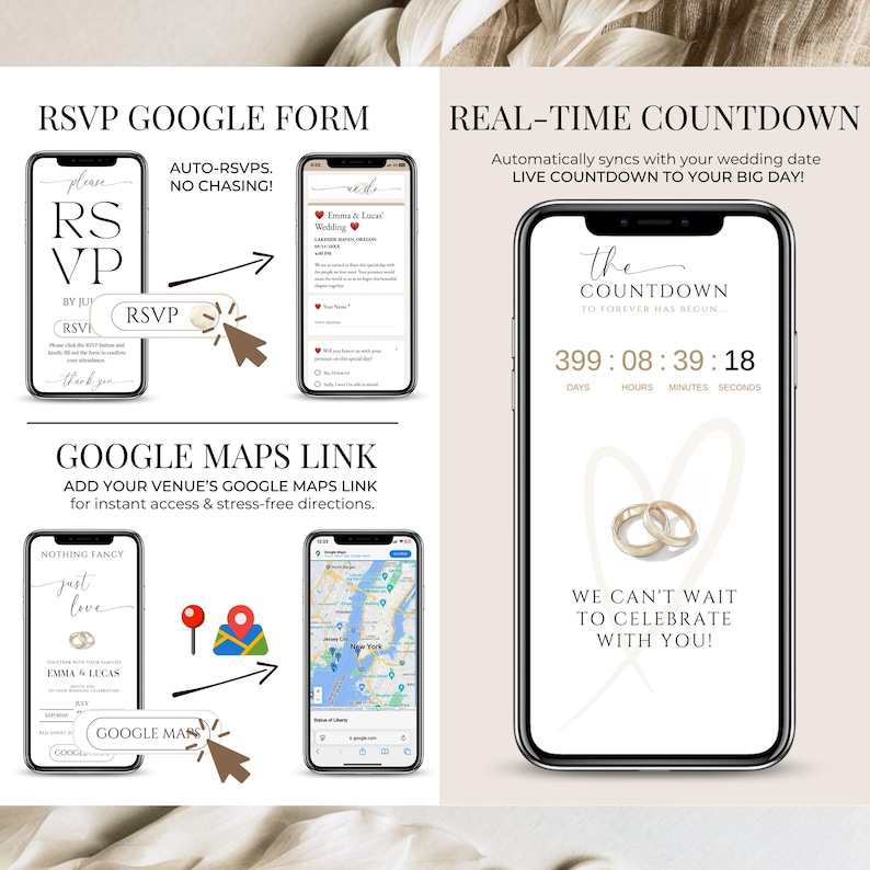 Digital wedding invitation features RSVP Google Form, real-time countdown, and Google Maps link. Mobile-friendly Canva template lets guests RSVP online, view live wedding countdown, and access venue directions with one click. Includes minimalist "Nothing Fancy Just Love" design and RSVP automation. Perfect for modern, paperless weddings and virtual wedding planning.