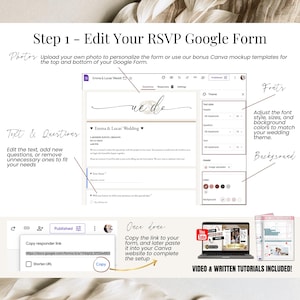 Step-by-step guide to editing your RSVP Google Form for digital wedding invitations. Customize fonts, background, and text fields to match your wedding style. Add or remove questions, upload header images, and copy the link to paste into your Canva wedding website. Includes video and written tutorials for easy setup. Perfect for personalized RSVP tracking and modern, paperless wedding planning.
